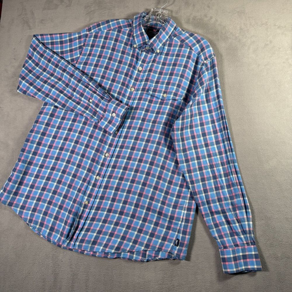 Vineyard Vines Shirt Mens L Blue Pink Plaid Slim Fit Crosby Long Sleeve Preppy